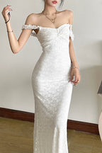 Lace Off Shoulder Ruffle Sleeve Sweetheart Neck Column Maxi Dress