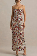 The Center of Attention Floral Print Sequin Square Neck Slip Stretch Maxi Dress