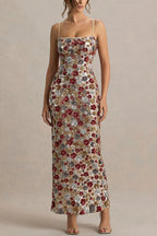 The Center of Attention Floral Print Sequin Square Neck Slip Stretch Maxi Dress