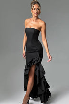 Strapless Corset Bustier High Split Ruffle Hem Maxi Dress