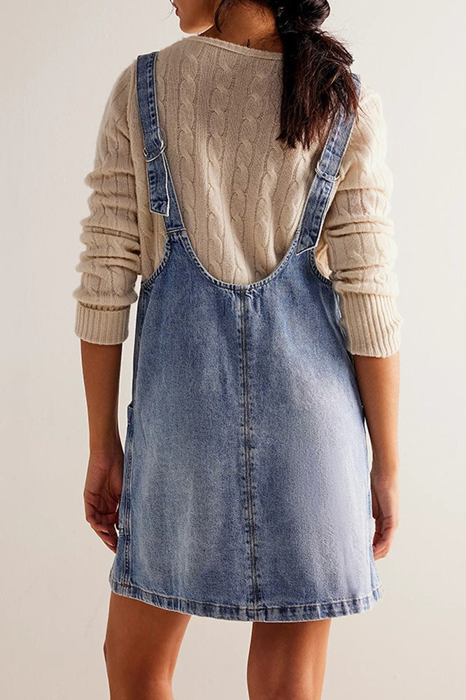 Denim Deep V-Neck Wide Strap Front Pocket Pinafore Mini Dress