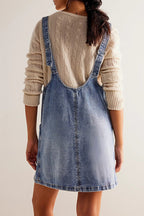 Denim Deep V-Neck Wide Strap Front Pocket Pinafore Mini Dress
