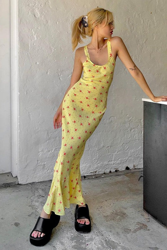Floral Print Scoop Neck Tank Strap Mermaid Maxi Dress