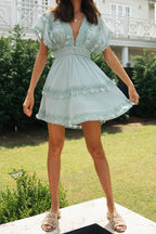 Blue V Neck Swiss Dot Lace Trim Tassel Tiered Flutter Sleeve Mini Dress