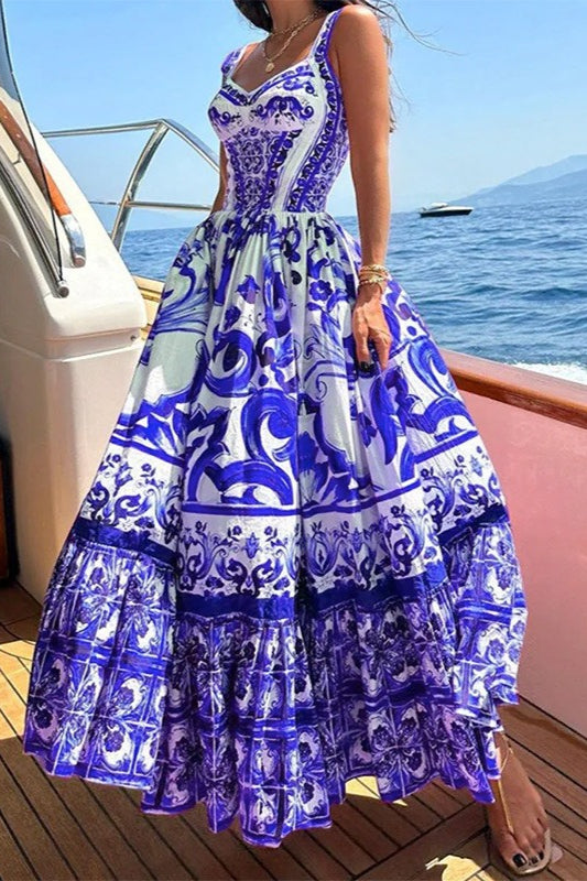 Wide Strap Sweetheart Baroque Print Tiered Ruffle Maxi Dress