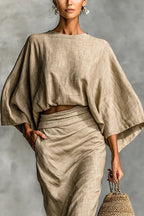 Linen Blend Batwing Sleeve Loose Top and Casual Pocket Maxi Skirt Set