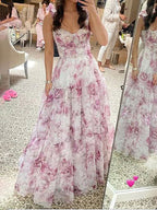 Elegant Floral Strap Princess Dress