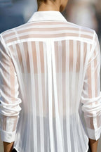 Stylish Sheer Striped Collared Long-sleeved Loose Casual Shirt