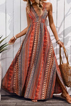 Smocked V-Neck Boho Print Flowy Maxi Summer Dress