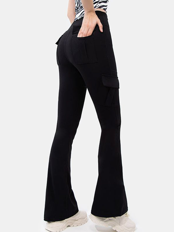 Solid Multi Pocket High Rise Flare Leg Pants