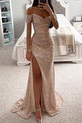 Off Shoulder Sweetheart Ruched Sequin Thigh Slit Maxi Gown