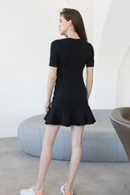 Short Sleeve Round Neck Side Ruched Drawstring Flounce Hem Mini Dress