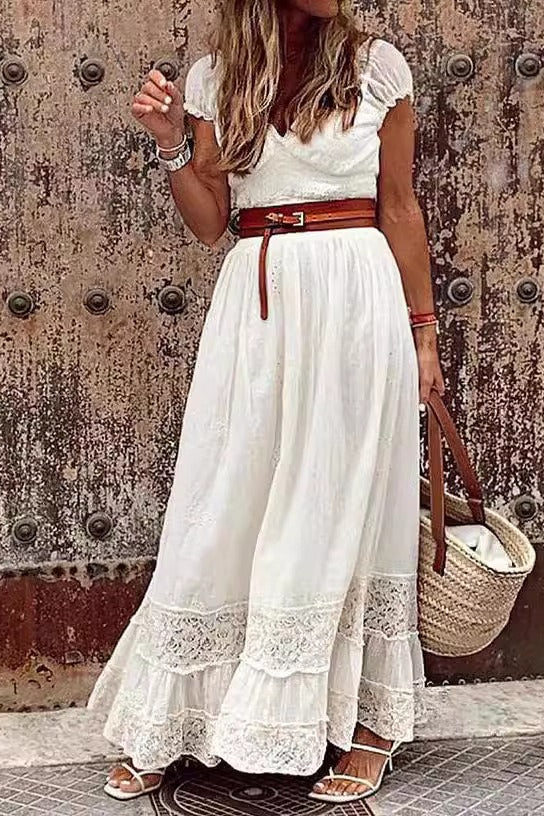 Eyelet Embroidery V-Neck Tiered Lace Hem Cap Sleeve Maxi Dress