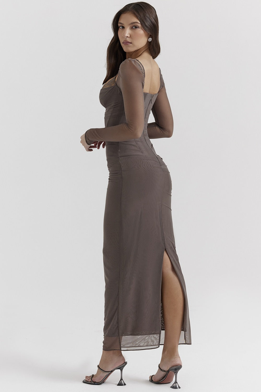 Mesh Ruched Corset Sweetheart Lace Trim Long Sleeve Bodycon Maxi Dress