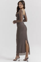 Mesh Ruched Corset Sweetheart Lace Trim Long Sleeve Bodycon Maxi Dress