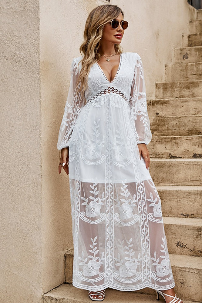 White Deep V Neck Embroidered Mesh Balloon Sleeve Empire Waist Maxi Dress