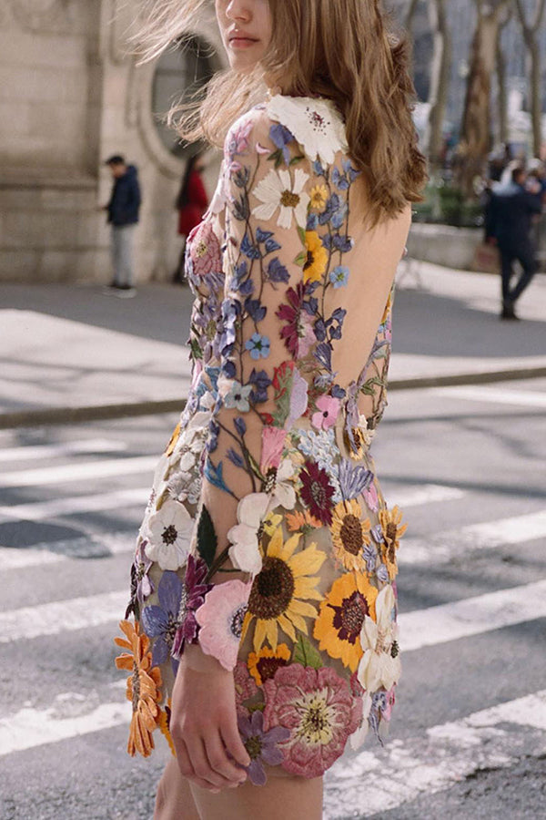 Mock Neck Long Sleeve Sheer Mesh 3D Floral Applique Mini Dress
