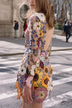 Mock Neck Long Sleeve Sheer Mesh 3D Floral Applique Mini Dress