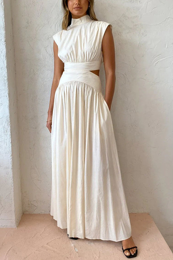 Mock Neck Sleeveless Side Cut Out Waist Pocketed Gathered Maxi Dress