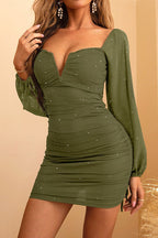 Glitter Deep V-Neck Long Sleeve Sheer Lantern Sleeve Ruched Bodycon Mini Dress