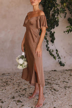 Satin Off Shoulder Flutter Sleeve Sweetheart Ruched Side Slit Midi Dress