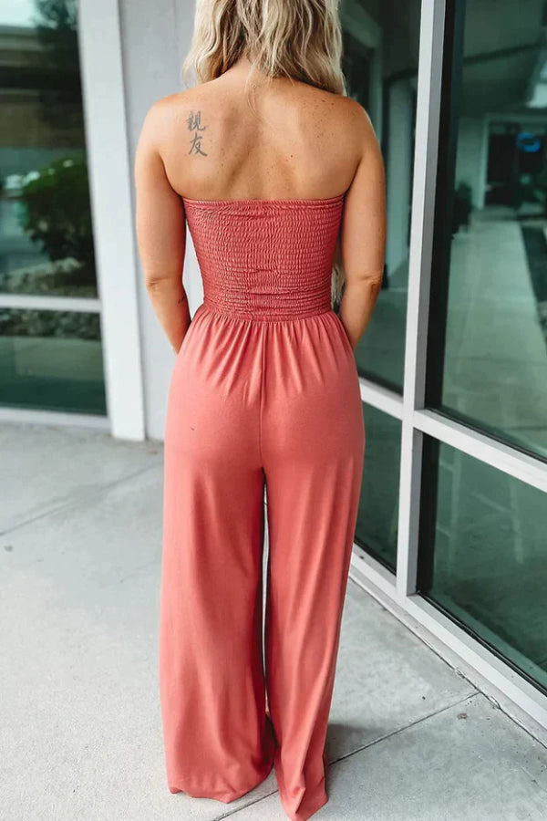 Solid Color Sleeveless Off-shoulder Pleated Loose Pocket Casual Wide-leg Jumpsuit