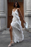 Deep V-Neck Spaghetti Strap Asymmetrical Ruffle Tier High Split Maxi Dress