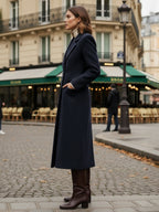 Woolen Double-Breasted Long Coat With Notch Lapel And Flap Pockets For Women 2026