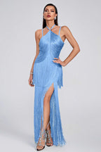 Halter Spaghetti Strap Tiered Fringe Maxi Dress