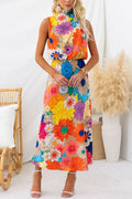 Large Floral Print Halter Neck Midi Skirt Set