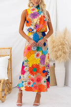 Large Floral Print Halter Neck Midi Skirt Set
