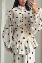 Stylish Polka Dot Print Stand Collar Long Sleeve Elegant Ruffle Maxi Dress