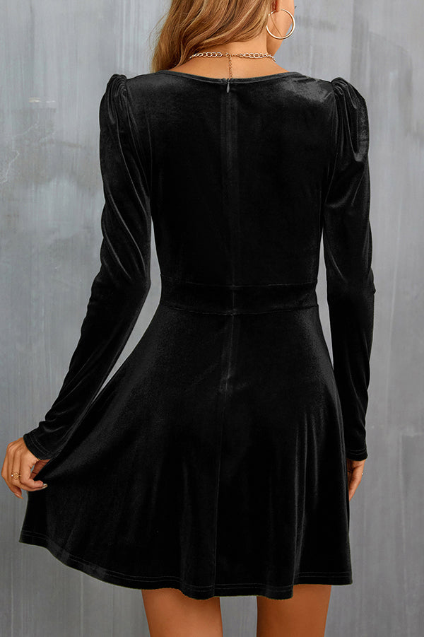 Velvet Surplice V-Neck Puff Sleeve Fit and Flare Mini Dress
