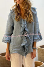 Solid Color V-neck Ruffled Casual Loose Top