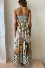 Gingham Trim Patchwork Graphic Print Square Neck Spaghetti Strap Maxi Dress