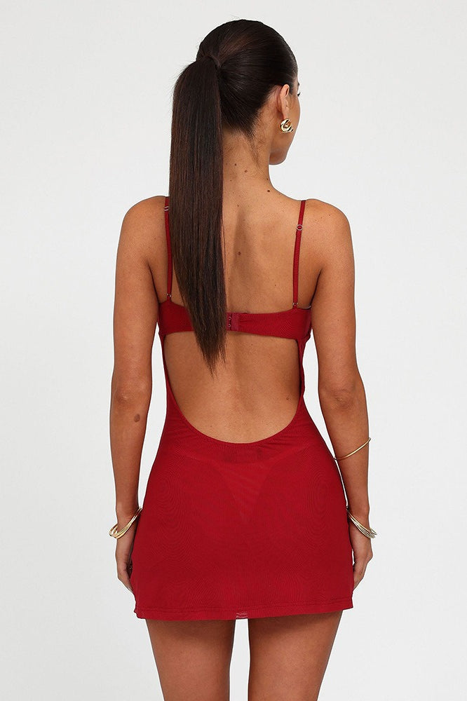 Spaghetti Strap Scoop Neck Rhinestone Floral Appliqué Bodycon Mini Dress