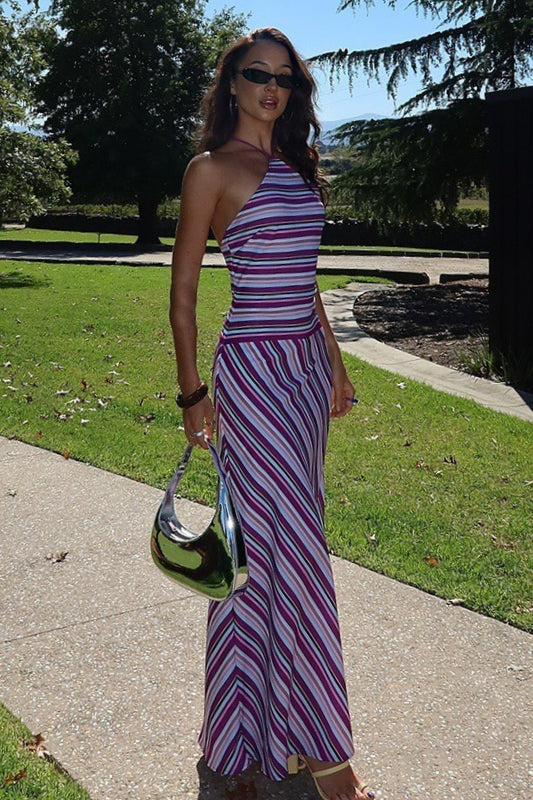 Purple Halter Neck Horizontal Diagonal Stripe Chevron Maxi Dress