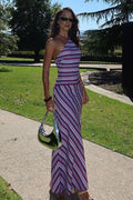 Purple Halter Neck Horizontal Diagonal Stripe Chevron Maxi Dress