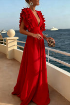 Deep V-Neck Flutter Sleeve Ruched Waistband A-Line Maxi Dress