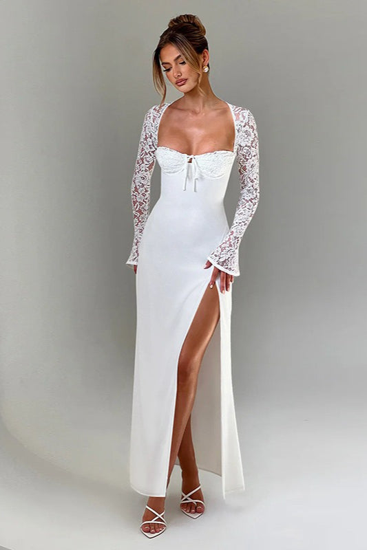Lace Sleeve Sweetheart Bustier High Split Maxi Gown