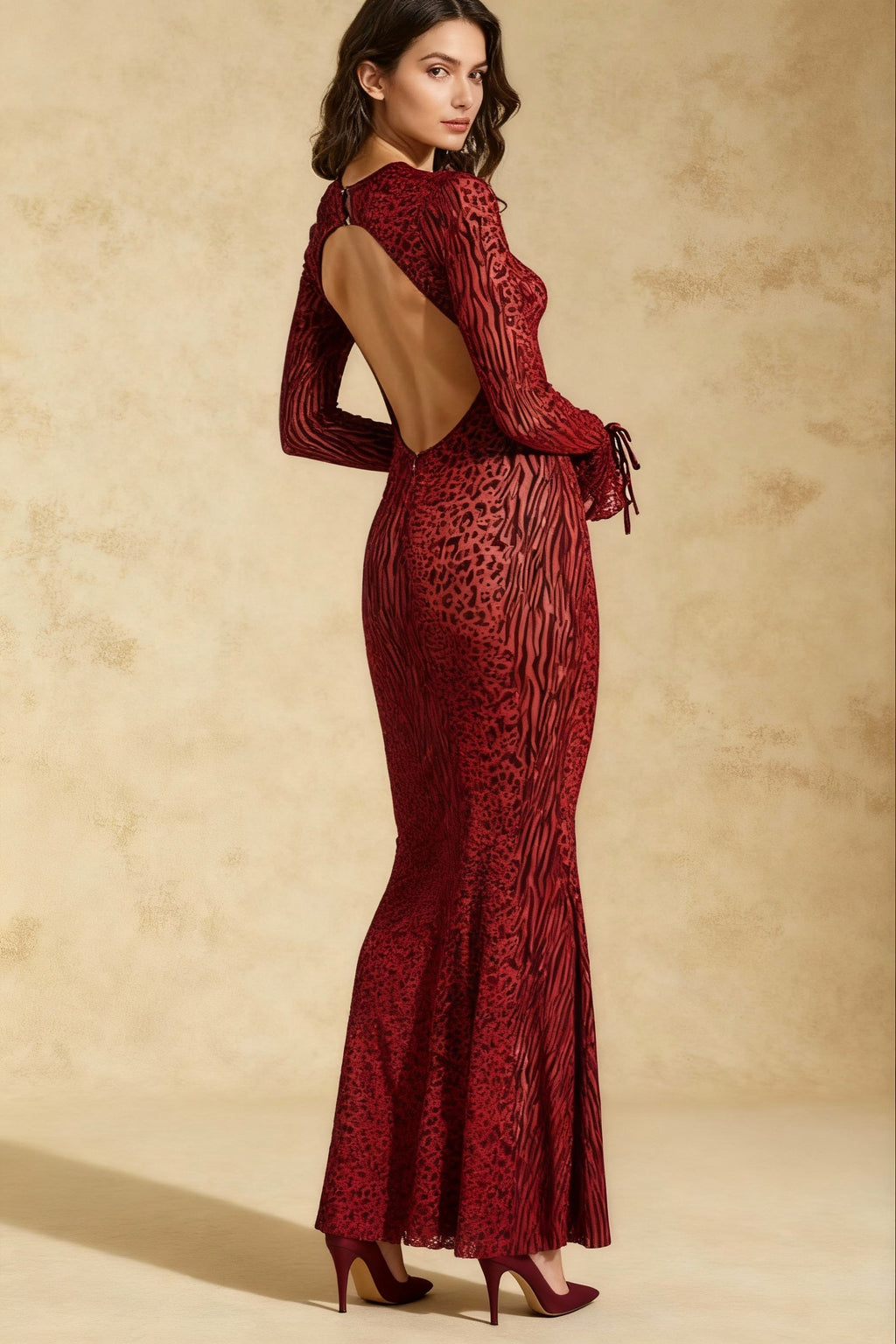 Mesh Animal Print Lace Up Cuff Long Sleeve Mermaid Maxi Dress