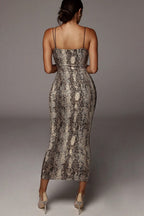 Leopard Print Deep V-Neck Asymmetrical Strap Bodycon Midi Dress