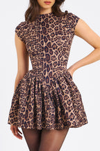 Print Crew Neck Cap Sleeve Fit and Flare Puff Skirt Mini Dress