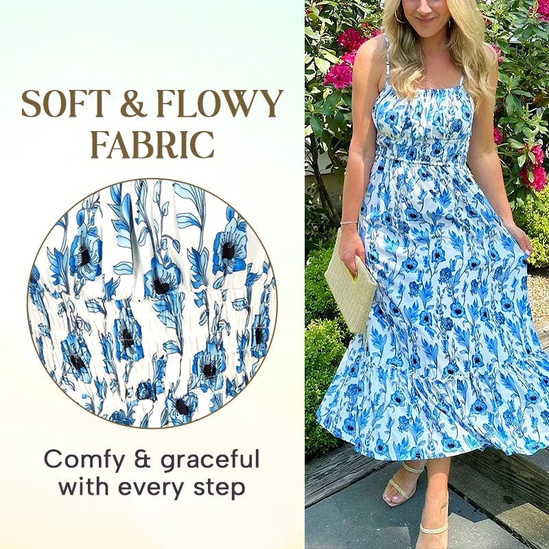 Floral Print Smocked Bodice Spaghetti Strap Tiered Maxi Dress