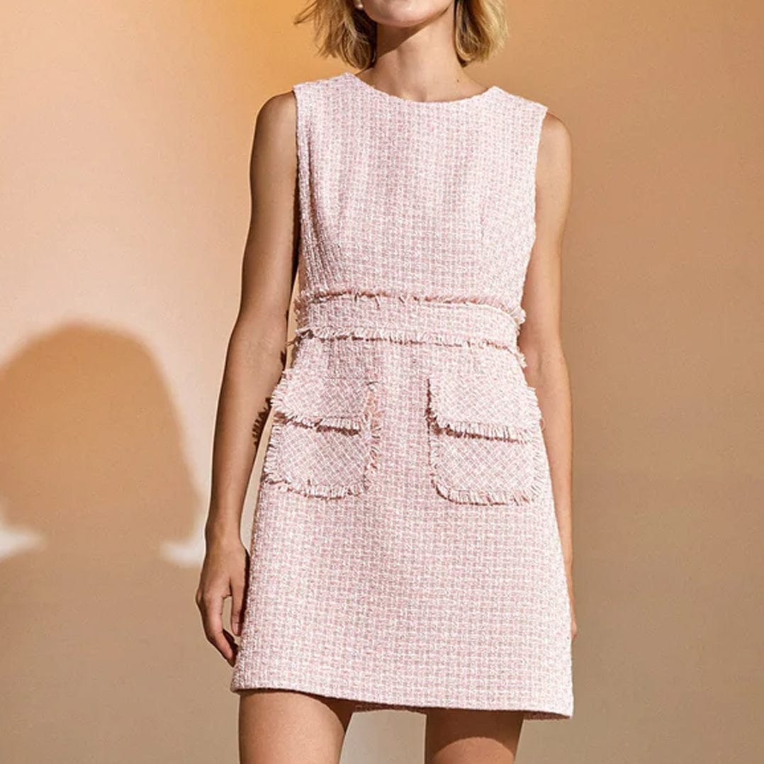 Crew Neck Fringed Waist Patch Pocket Tweed Boucle Mini Dress
