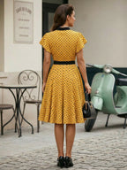 Polka Dot Shirt Dress With Tie And Belt Flutter Sleeve Vintage Midi Dress For Women 2026