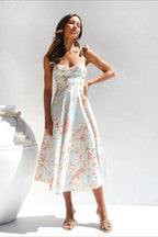 Floral Tie Strap Sweetheart Waist A-Line Summer Midi Dress