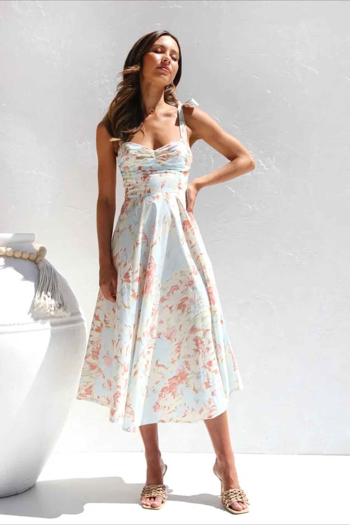 Floral Tie Strap Sweetheart Waist A-Line Summer Midi Dress