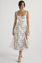 Floral Print Sweetheart Corset Bodice Wide Strap Fit and Flare Midi Dress