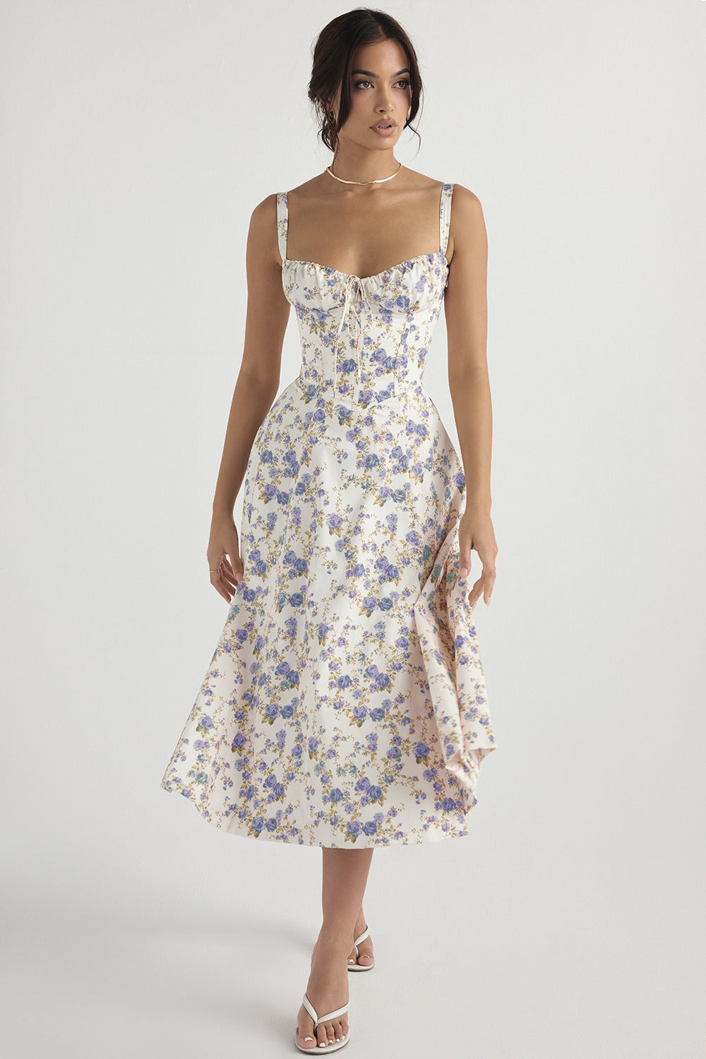Floral Print Sweetheart Corset Bodice Wide Strap Fit and Flare Midi Dress